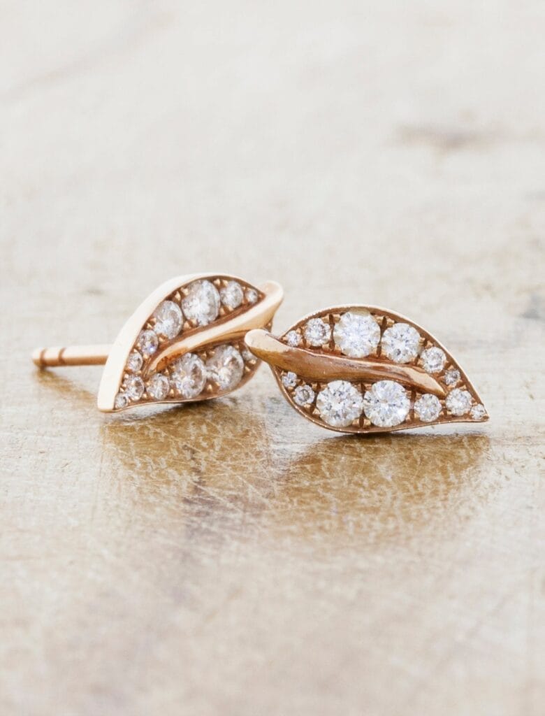 Rose gold leaf stud earrings with crystal stones